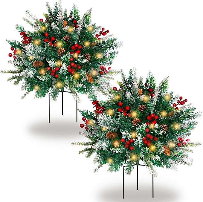 2 Pack Lighted Artificial Christmas Urn Filler, Battery Operated Pre-lit Xmas Pine Trees, Tripod Stake and 60 LED Lights, Holiday Porch Decorations for Porch, Yard, Garden, Flower Beds（Warm White）-CasaMuseHome