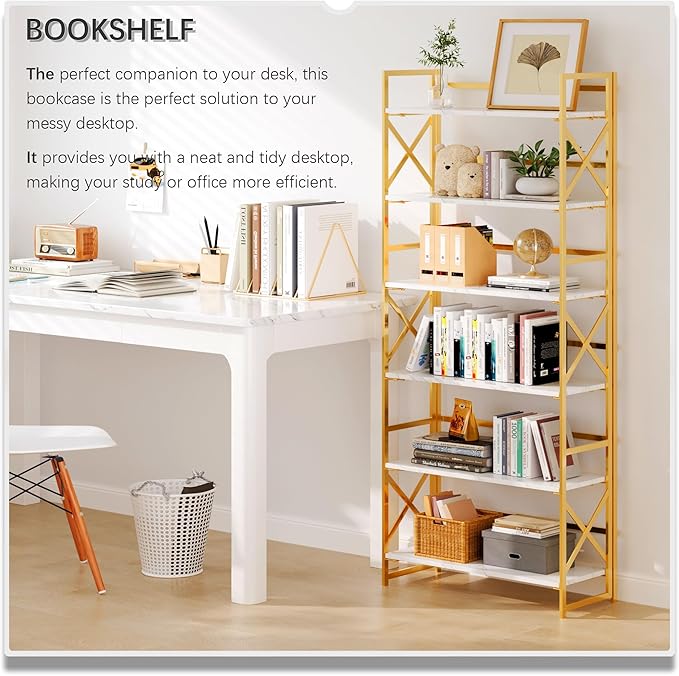 4NM 6 Tiers No Assembly Book Shelves, 61.8" H Folding Bookshelf Bookcase Open Industrial Foldable Shelves for Bedroom, Living Room, Home Office - White Gold-CasaMuseHome