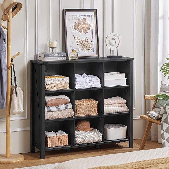 9 Cube Bookcase, Farmhouse 47 Inch Wide Black Bookshelf, Wooden 3 Tier Display Large Open Book Shelf, Vintage Horizontal Book Case for Home Office, Cubby Storage Cabinet for Living Room-CasaMuseHome