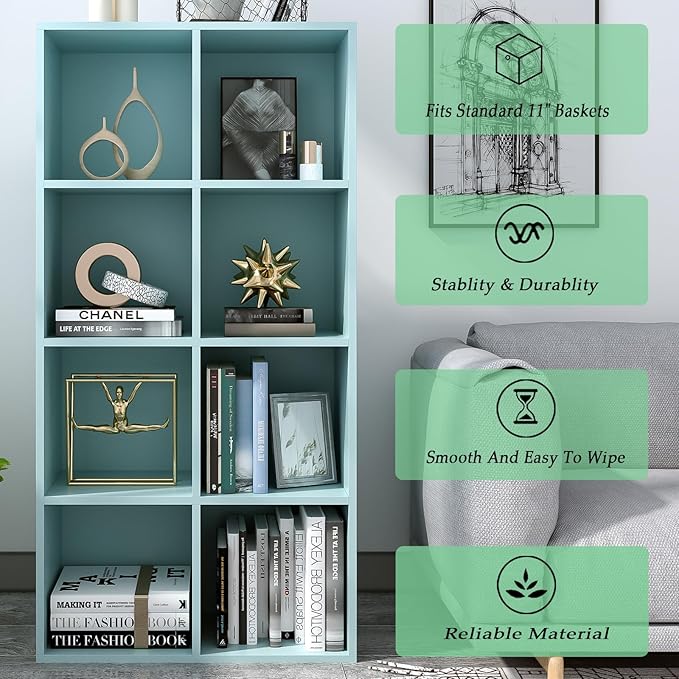 8-Cube Storage Shelf Bookcase - Wooden 4-Tier Floor Standing Open Bookshelf, Modern TV Stand up to 55 Inchs for Home and Office, Light Blue-CasaMuseHome