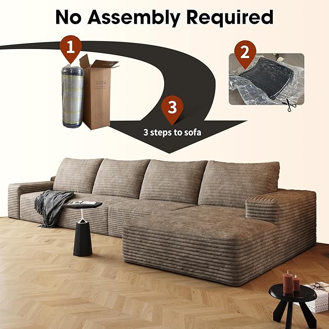 136" Sectional Couches for Living Room Modern Modular Sofa with L-Shape Couchs Upholstered Boneless Couch Deep Seat Sectional Couch with Chaise (Camel, Right Facing Chaise+3Seaters)-CasaMuseHome