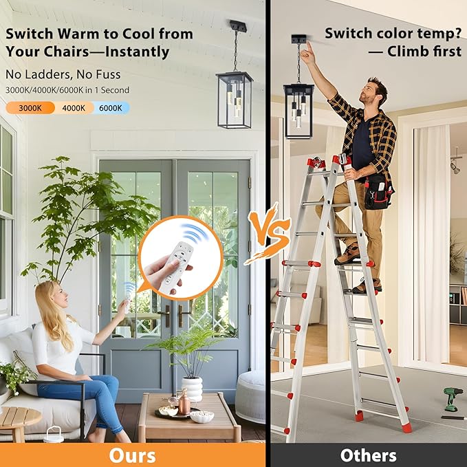 3-Color LED Outdoor Pendant Light with Remote, 3-Light 19" Large Outdoor Chandelier for Porch, Black Exterior Pendant Lighting Fixture Ceiling Mount Pendant Lantern for Patio Front Door-CasaMuseHome