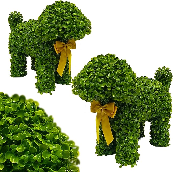 2 Pcs Artificial Bunny Shaped Topiary Trees, Artificial Green Boxwood Bunny Decorations with Gold Bow, Perfect for Indoor & Outdoor Front Porch, Easter& Garden Decor (Boxwood Dog Tree)-CasaMuseHome