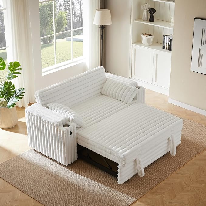 57-Inch Velvet Full Size Sleeper Sofa Couch with Pullout Bed,Convertible Pull Out with Golden Decorative Strip and Adjustable Backrest for Small Spaces,Apartment, Guest Room, RV (1109White)-CasaMuseHome