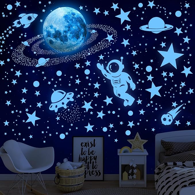 530 Glow in The Dark Stars Ceiling Stars Glow in The Dark Glow Moon and Space Wall Decals Astronaut Universe Galaxy Planet Wall Stickers Glowing Wall Stickers Kid Boys Living Room Decor-CasaMuseHome