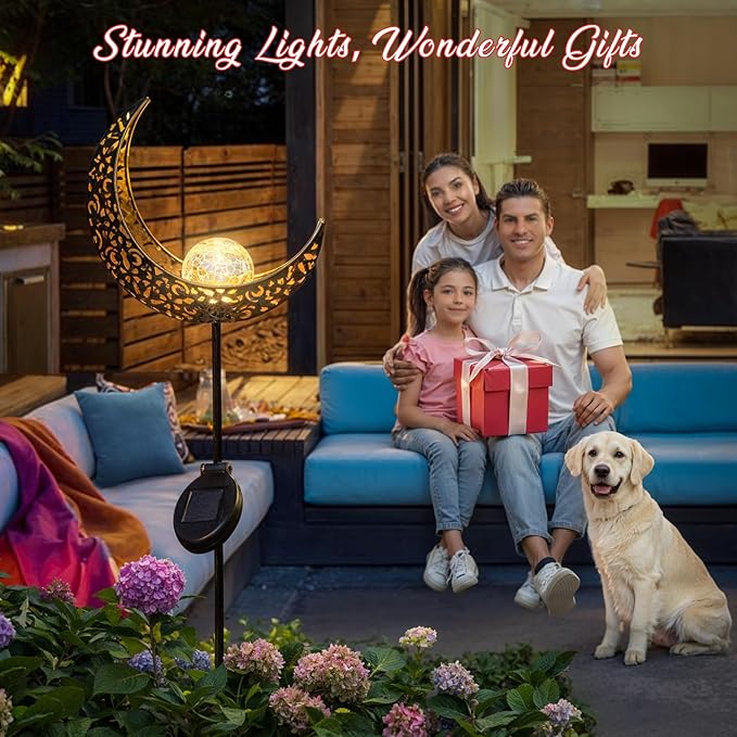 2Pack Moon Garden Solar Lights Outdoor Stakes Waterproof, Gifts for Mom, Crackle Glass Patio, Backyard Decorations, Balcony Lawn Ornaments, for Women Men Grandma (Bronze)-CasaMuseHome