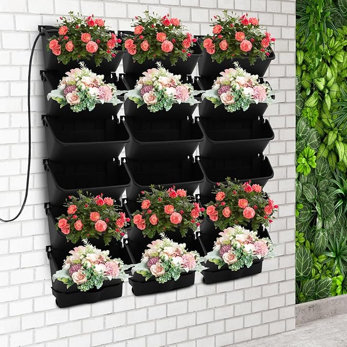 18 Pots Self-Watering Vertical Wall Planter, 39.4”L x 39.4”H Stackable Plastic Wall-Mounted Plant Grow Pots, Wall Hang Garden Planter Outdoor Indoor for Herbs Flowers Strawberries (Black)-CasaMuseHome