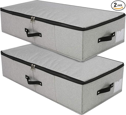 2PCS Foldable Under Bed Storage Container with Plastic Support Liner, Handles, Zipper lid, Sweater Pillow Blankets ClothesStorage Organizer for Bedroom and Closet, 29×15×7inch, Dark Grey-CasaMuseHome