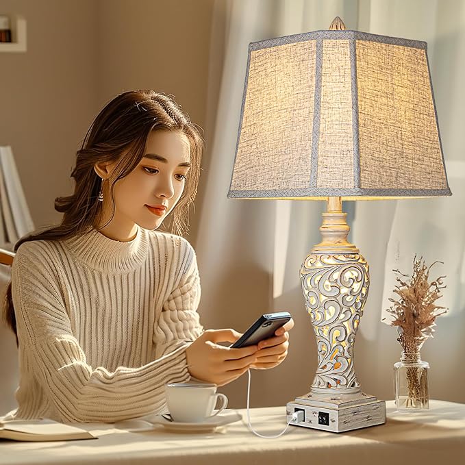 28.5" Table Lamps Set of 2 - Bedside Lamp with Fabric Shades - for Bedroom and Living Room with USB and Nightlight - Perfect for Nightstands and Bedrooms-CasaMuseHome