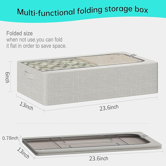3PCS Under Bed Storage Bins with Metal Frame, Linen Fabric Frame Storage Box Clothes Organizer Bins, Underbed Container with Clear Window (Light Grey, 15.7 x 13 x 6IN)-CasaMuseHome