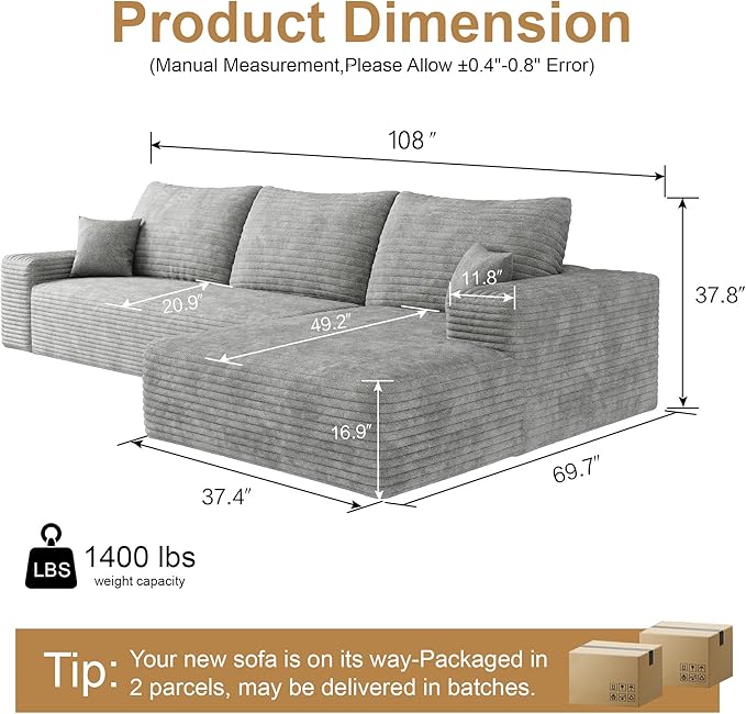 108" Sectional Couches for Living Room Modern Modular Sofa with L-Shape Couchs Upholstered Boneless Couch Deep Seat Sectional Couch with Chaise (Grey, Right Facing Chaise+2Seaters)-CasaMuseHome