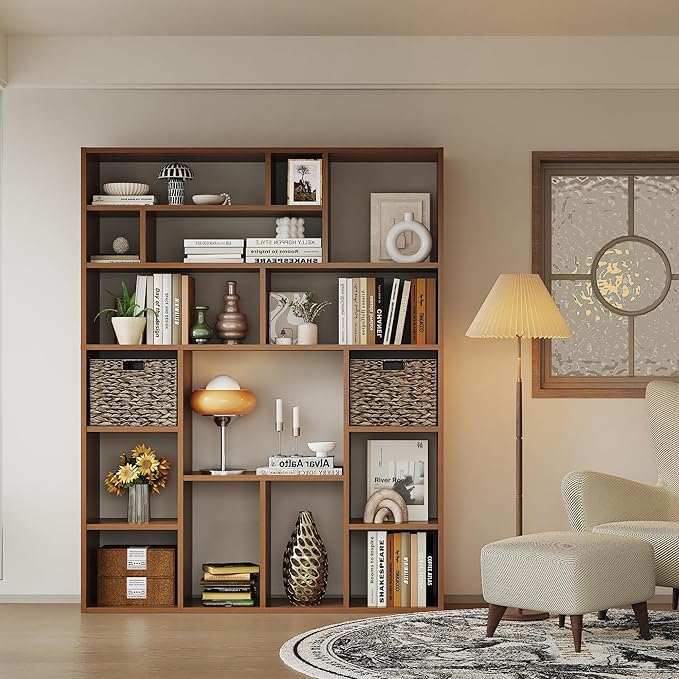 6-Tier Large Open Bookcase 71” Tall Sturdy Wooden Bookshelf with Baskets,Modern Style 16-Cube Home Display Shelf for Bedroom, Living Room（Oak Color）-CasaMuseHome