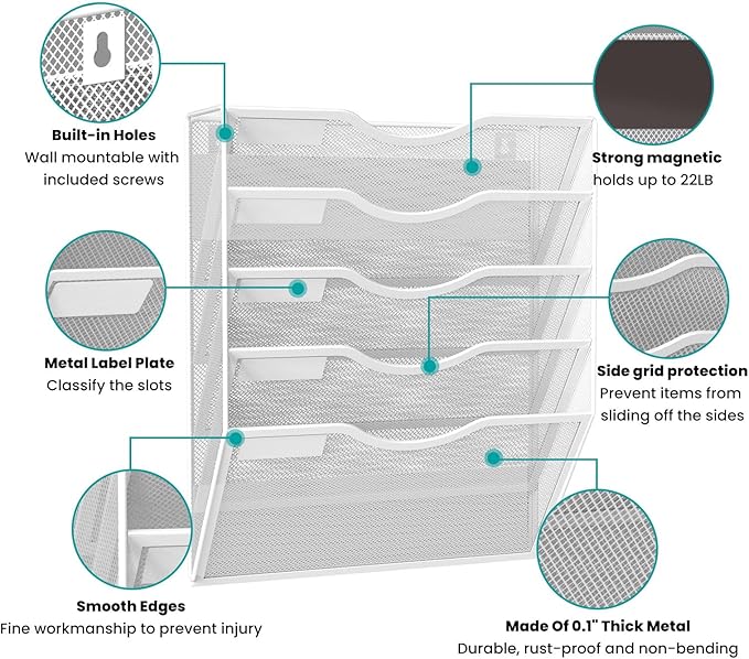 5-Tier Magnetic File Organizer, No Drilling Installation, White Magnetic Paper Holder, Magazine Rack for Refrigerator and File Cabinets-CasaMuseHome