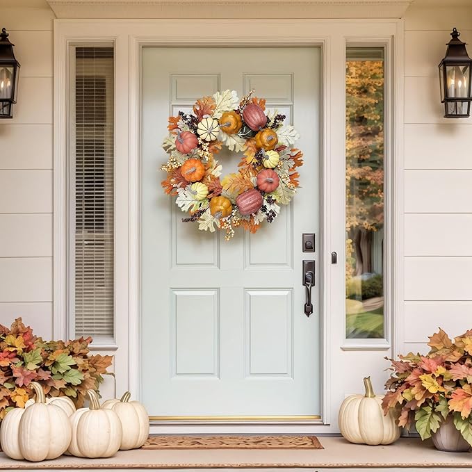 24 inch Fall Wreaths for Front Door Outside Autumn Wreath Fall Decorations for Home Decor Pumpkin Wreath for Farmhouse Holiday Thanksgiving Harvest Halloween Outdoor Indoors Fall Front Porch-CasaMuseHome