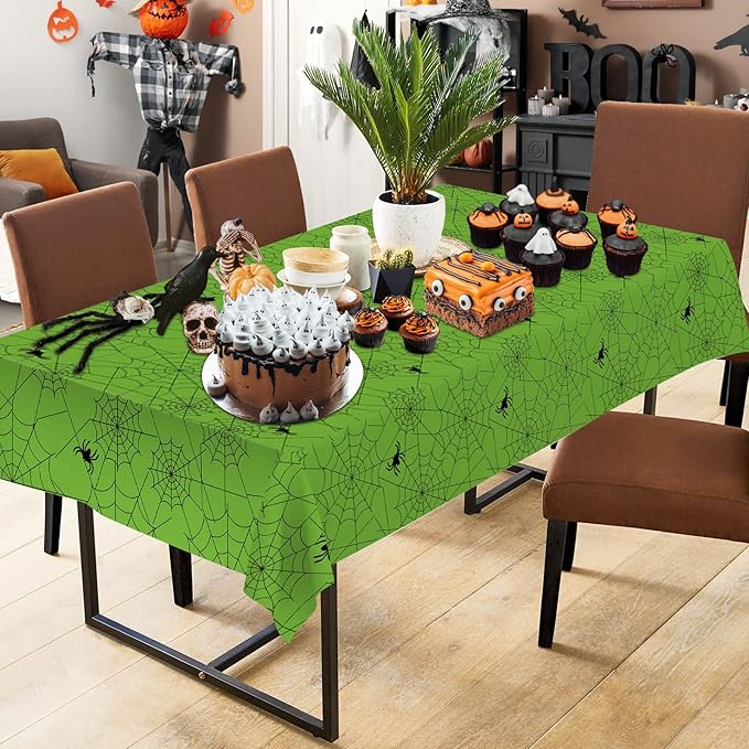 2 Pcs Halloween Tablecloth - Plastic Halloweens Spider Webs Table Cloth, Green Disposable Rectangle Spiderweb Table Cover for Halloween Party Decorations Supplies Favors Tables Decor, 108 x 54 Inch-CasaMuseHome