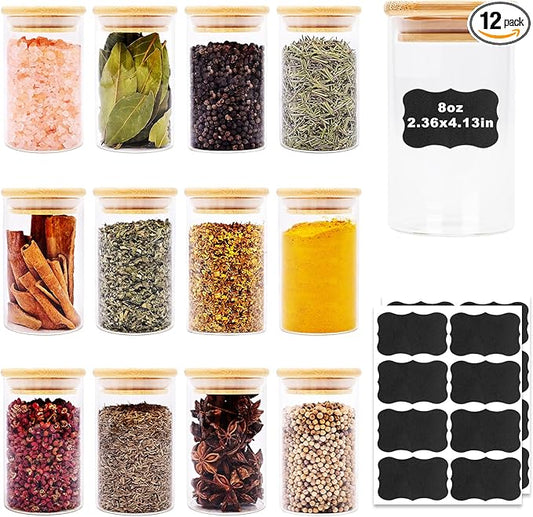 8oz Glass Food Storage Jars, Glass Jars with Bamboo Lids, Kitchen Storage Jars, Set of 12, Canisters with Airtight Lids for Spice, Coffee, Cookie, Pantry Organizers-CasaMuseHome
