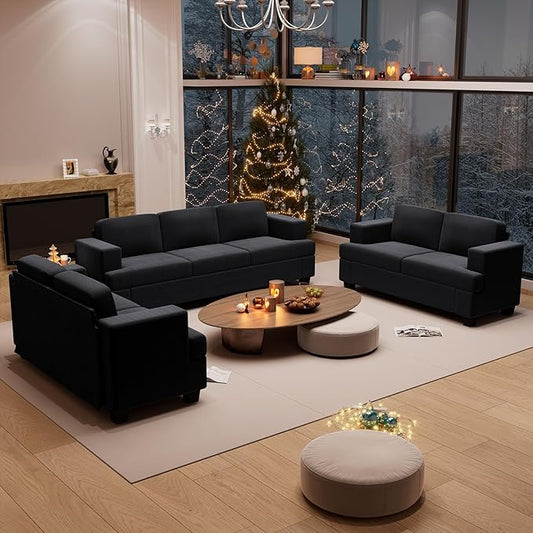 3 Pieces Corduroy Couch Set for Living Room, 7 Seats Cloud Sofa, Deep Seat Floor Couch for Bedroom, Futon Modern Sofa Sectional Bed, Black Corduroy-CasaMuseHome