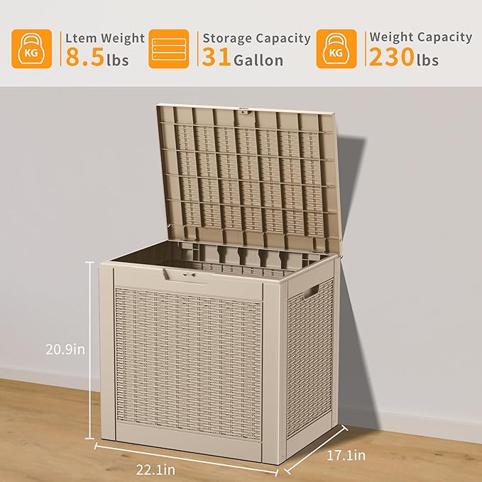 33 Gallon Deck Box Large Outdoor Storage for Patio Furniture,Outdoor Cushions,Garden Tools and Pool Supplies,Waterproof,Resin,Lockable(Grey)-CasaMuseHome