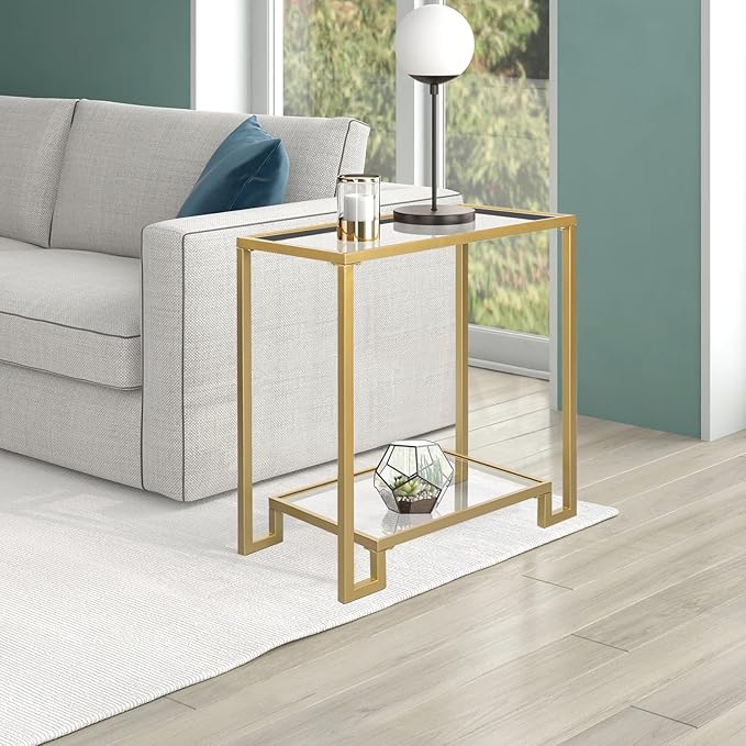 2 Tier Rectangular Side Table, Gold End Table with Glass Top, Modern Metal Clear Coffee Table，Small Accent Table for Living Room, Bedroom, 22" x 12.4" x 24"-CasaMuseHome