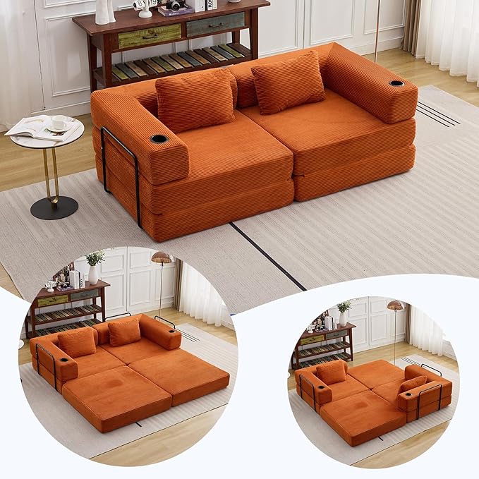 78" W Loveseat Sofa, 4 in 1 Convertible Floor Sofa Bed, Boneless Cloud Couch with Cup Holder, Fold Out Floor Couch, Loveseat Recliner Sleeper for Living Room Bedroom Lounge(Corduroy, White)-CasaMuseHome