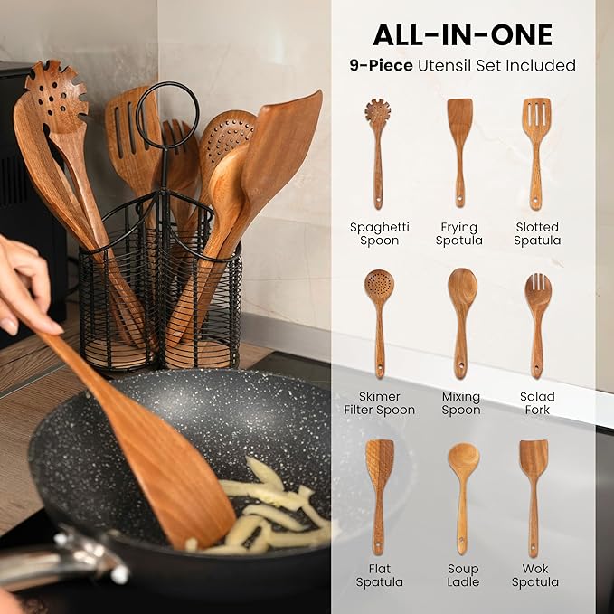 360° Rotating Kitchen Utensil Holder- 3 Compartment Organizer with Cork Bottoms | Includes Premium 9-Piece Acacia Wood Utensil Set | Professional & Home Luxury Design | Metal Utensil Crock (Black)-CasaMuseHome