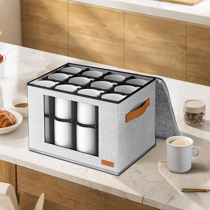 2-Layer Coffee Mug Storage Box with Dividers, Cup Storage Organizer with Zipper Lid and Handles, Stackable China Storage Containers Service for 24 Mugs, Cups and Glasses, Light Grey-CasaMuseHome