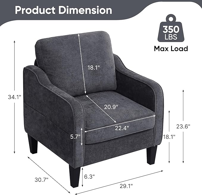 Accent Chair for Living Room, Mid Century Modern Reading Chair for Bedroom, Upholstered Armchair with Side Pockets, Comfy Single Sofa Side Chair for Office, Apartment, Small Room, Dark Grey-CasaMuseHome