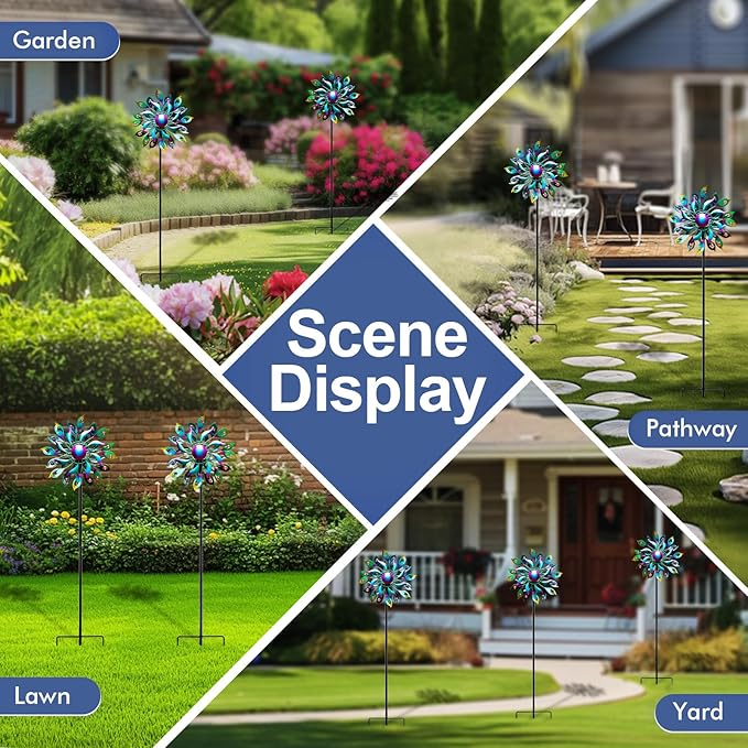 360°Peacock Solar Wind Spinner with Lights Blue Metal Garden Outdoor Decor Yard Lawn Art Decor for Patio Kinetic Windmills Unique Gifts for Friends and Family 51.9' H x 12.2'' Dia-CasaMuseHome