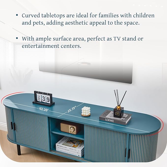 62" Tambour Door TV Stand,Wood Mid Century Modern TV Cabinet for Up to 75“ TV,Curved Edge Long TV Stand with Storage for Bedroom Living Room(62.2inch,Blue)-CasaMuseHome