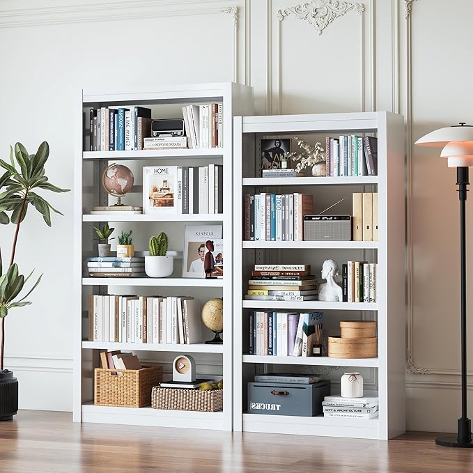 61" H Metal Bookshelf, 5 Tier Adjustable Bookshelf, White Small Bookcase, Bedroom Bookshelves and Bookcases, Modern Book Shelf for Living Room, Office, Easy Tool-Free Assembly-CasaMuseHome