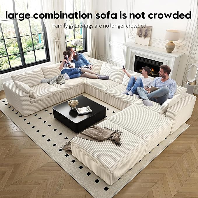 157.5" Cloud Couch Oversized Modular Sectional Sofa for Living Room,Modern Sofa with Deep Seat，8 Seater Boneless Couch with 2 Ottoman,Comfy Upholstered Couches for Apartment, Studio, Office,White-CasaMuseHome