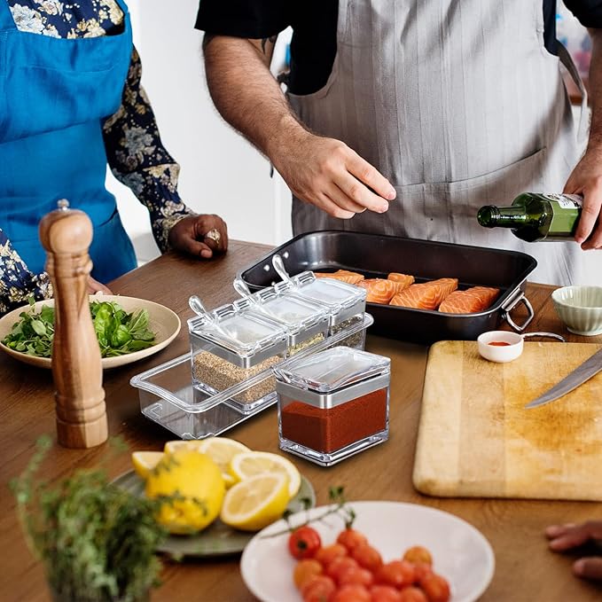 2 Set Acrylic Seasoning Organizer Box 8 Pcs Clear Seasoning Rack Spice Pots Condiments Containers with Lids and Spoons Storage Container Spice Jar for Salt Sugar Cruet Kitchen Cooking Organizer-CasaMuseHome