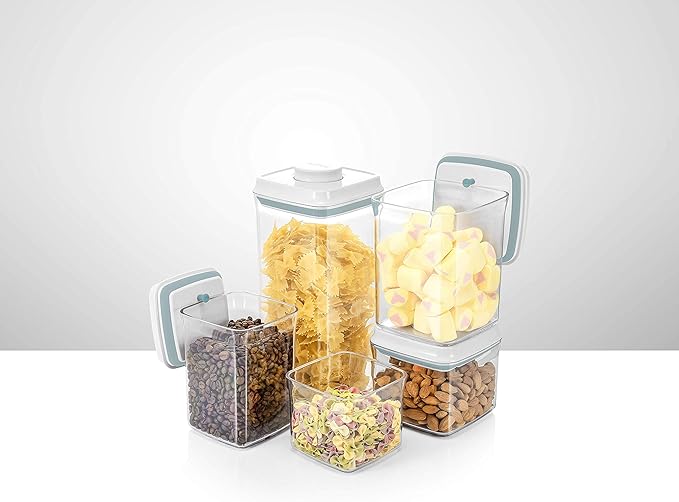 BopTop (5pc Set) Airtight Food Storage Container – Mechanical Silicone Seal Canister - BPA-Free Stackable - 2.5Qt/1.5Qt/.9Qt/.85Qt/.5Qt-CasaMuseHome