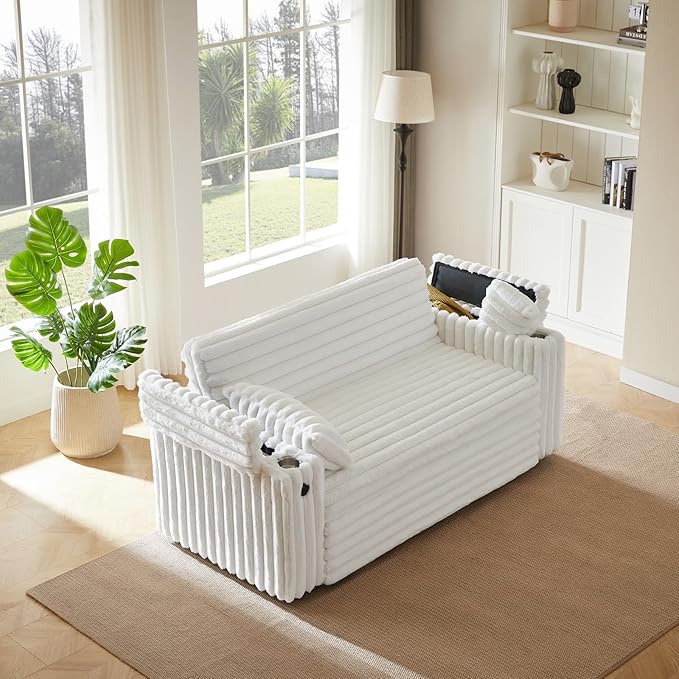 57-Inch Velvet Full Size Sleeper Sofa Couch with Pullout Bed,Convertible Pull Out with Golden Decorative Strip and Adjustable Backrest for Small Spaces,Apartment, Guest Room, RV (1109White)-CasaMuseHome