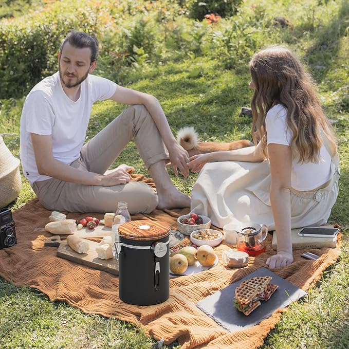 35OZ Coffee Canister for ground coffee with Date Tracker,Wood grain lid 304 Stainless Steel Kitchen Food Airtight storage container for Coffee Beans or Grounds, Tea, Sugar(35oz-grain)-CasaMuseHome