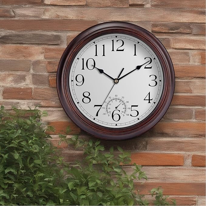 12 Inch Outdoor Wall Clock with Thermometers, Vintage Silent Wall Clocks Battery Operated, Retro Non-Ticking Clock Decorative for Living Room, Patio, Kitchen, Office, Bathroom, Bedroom(Bronze)-CasaMuseHome