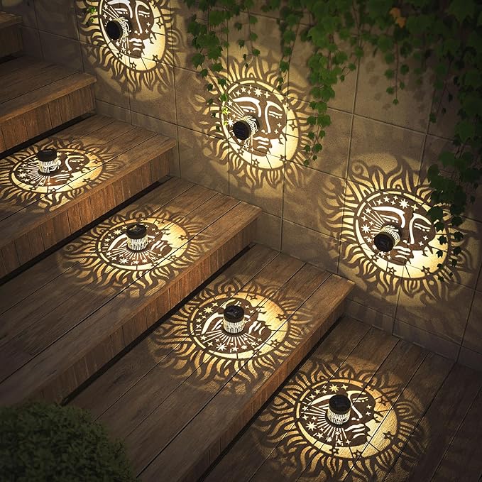 4 Pack Solar Fence Lights Metal Solar Powered Outdoor Wall Deck Step Lights Sun Moon Theme Waterproof Fence Light for Garden Post Patio Backyard Yard Decor, Gardening Gifts for Women Mom Grandma-CasaMuseHome