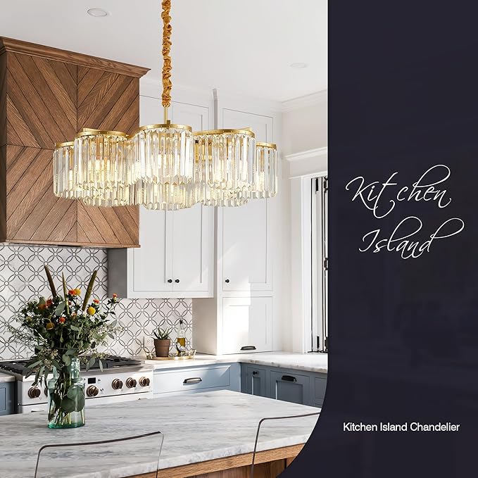 30.3“ Gold Semi Flush Mount Ceiling Light Fixtures, 8-Light Gold Modern Crystal Chandelier Height Adjustable Pendant Lighting for Bedroom Entryway Hallway Kitchen Island Living Room Foyer-CasaMuseHome