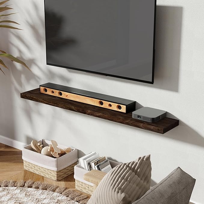 55" Floating Shelves for Wall, Rustic Elm Wood Floating Shelf for Home Decor, Wall-Mounted Display Shelves with Heavy-Duty Bracket, Long Floating Shelf for Bathroom, Kitchen, Living Room, Walnut Color-CasaMuseHome