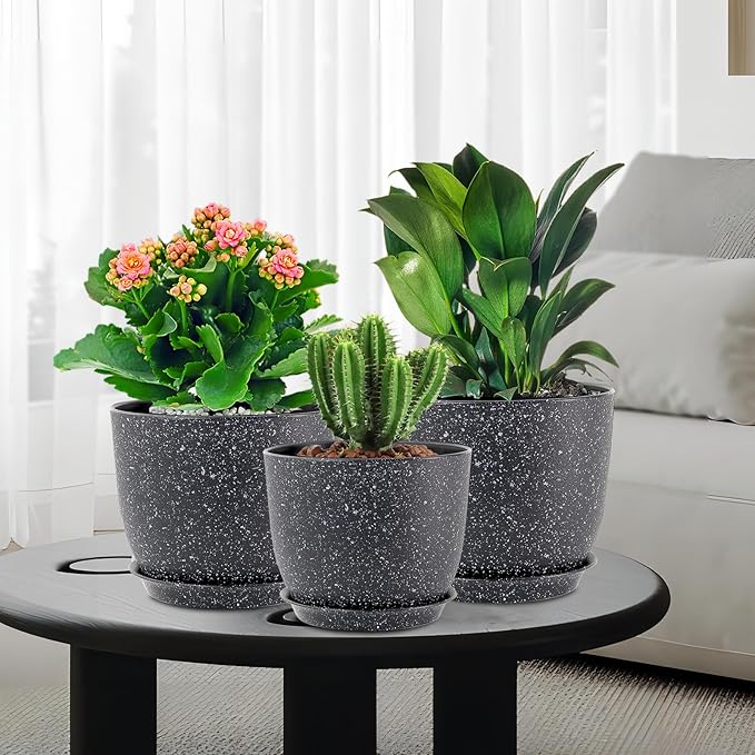 9/8/7.5 inch Plant Pots, Set of 3 Modern Decorative Plastic Planters with Drainage Holes and Saucer for Garden House Plants, Flower Pots for Indoor Outdoor Plants, Speckled Black-CasaMuseHome