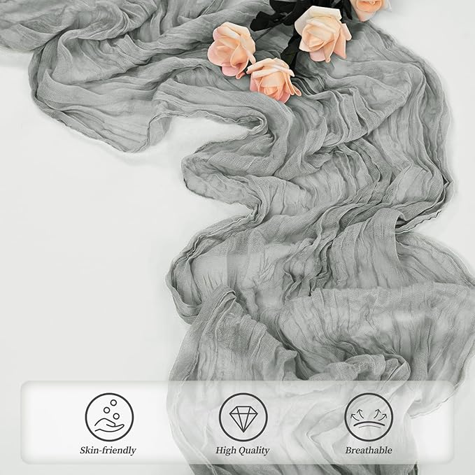 12 Pack Gray 10FT Cheesecloth Table Runner Rustic Gauze Fabric Cheese Cloth Table Runner for Wedding Bridal Baby Shower Table Decor 20 x 120 Inch Long Boho Sheer Birthday Party Table Decorations-CasaMuseHome