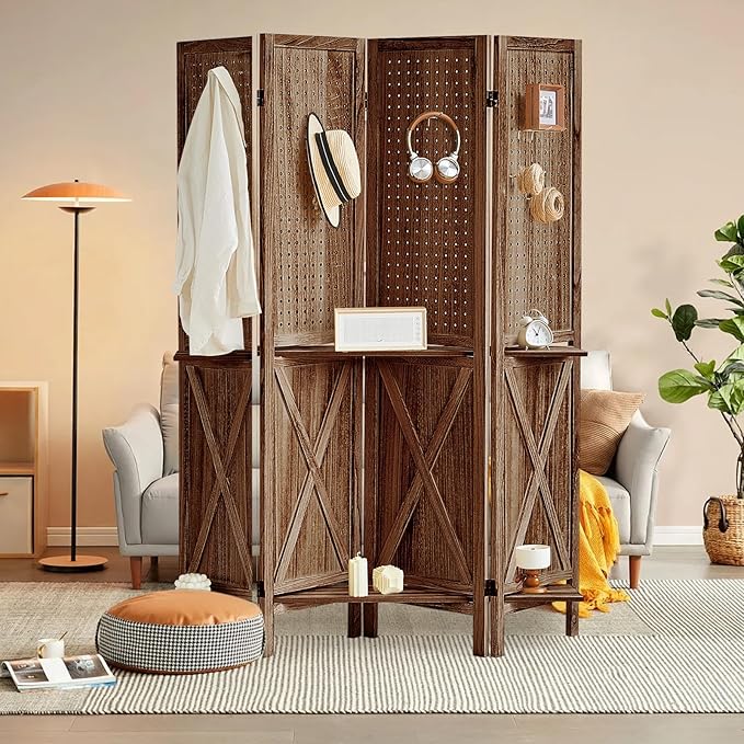 4 Panel Pegboard Display with 16 Hooks, Wooden Pegboard Room Divider Wall with Shelf, Rustic Room Dividers and Folding Privacy Screens, Bedroom, Jewelry Store, Brown-CasaMuseHome