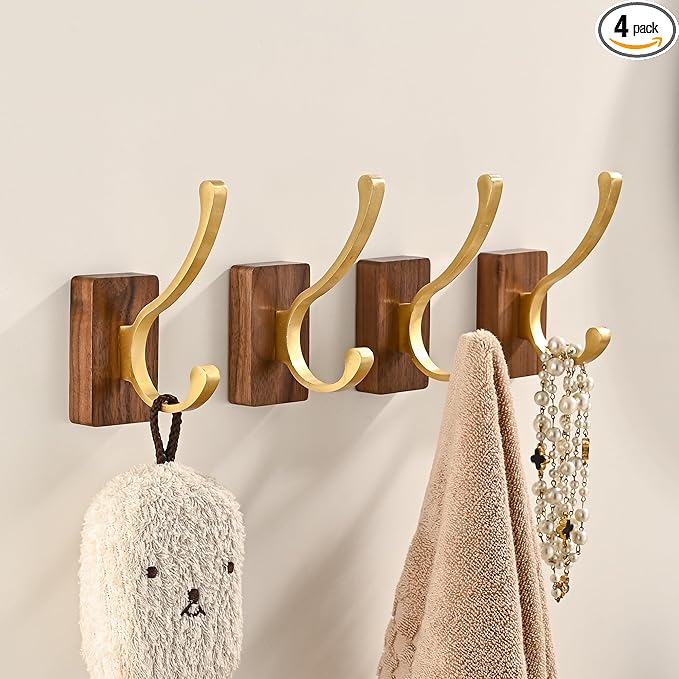 4 Pack Wooden Wall Hooks for Hanging, Adhesive Mounted & Wall Mount Nature Wood Coat Hook for Towel Clothes Blanket Hat Backpack Robe Nursery Door Board Entryway Key Holder Brushed Gold-CasaMuseHome