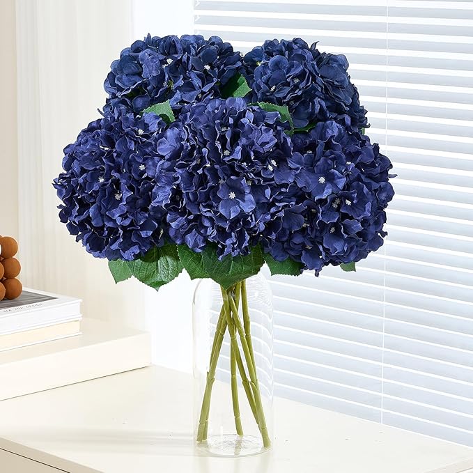 8Pcs Navy Blue Fake Flowers Silk Hydrangea Artificial Flowers Bouquets Faux Hydrangea Stems for Home Table Centerpieces Wedding Party Decoration-CasaMuseHome