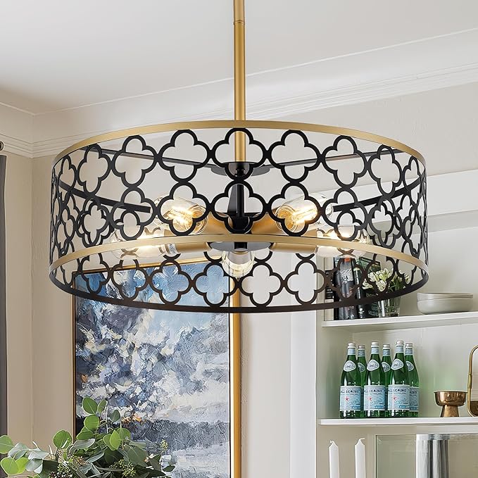 5-Light Drum Chandeliers for Dining Room,19.7" Rustic Farmhouse Dining Room Light Fixture, Black&Gold Metal Hanging Pendant Light for Living Room Bedroom Kitchen Entryway Foyer-CasaMuseHome
