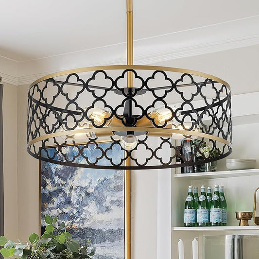 5-Light Drum Chandeliers for Dining Room,19.7" Rustic Farmhouse Dining Room Light Fixture, Black&Gold Metal Hanging Pendant Light for Living Room Bedroom Kitchen Entryway Foyer-CasaMuseHome