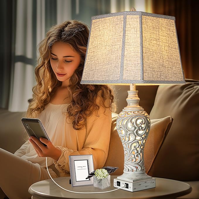 32" Tall Table Lamps Set of 2 - Bedside Lamp with Fabric Shades - for Bedroom and Living Room with USB and Nightlight - Perfect for Nightstands and Bedrooms - Bulbs Included-CasaMuseHome