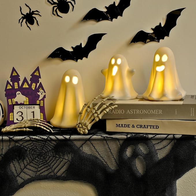 3 Pack Halloween Ceramic Ghost Decor, Light Up Ghost Halloween Decor, Cute Ghost Figurines for Table Tray Fireplace Home Indoor Decoration-CasaMuseHome