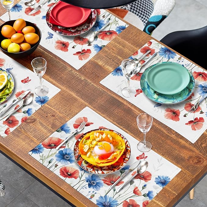 4th of July Floral Placemats Set of 4 Patriotic Summer Red Blue Flowers Linen Fabric Table Mats America Memorial Day Independence Day Place Mats for Party Kitchen Dining Decoration-CasaMuseHome