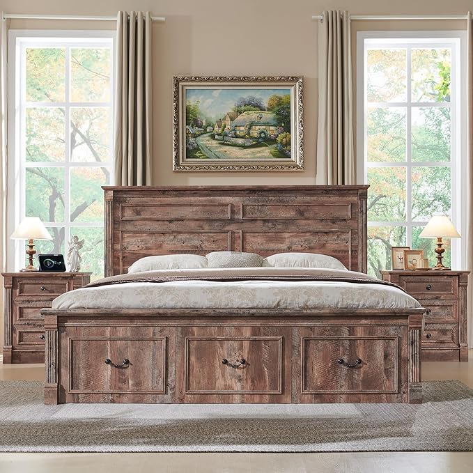 26" Tall Farmhouse Nightstand Set of 2, 3 Drawers End Table w/Charging Station, 23.6" Wide Large Side Table w/Roman Column, Wood Rustic Sofa Table for Bedroom, Light Brown-CasaMuseHome